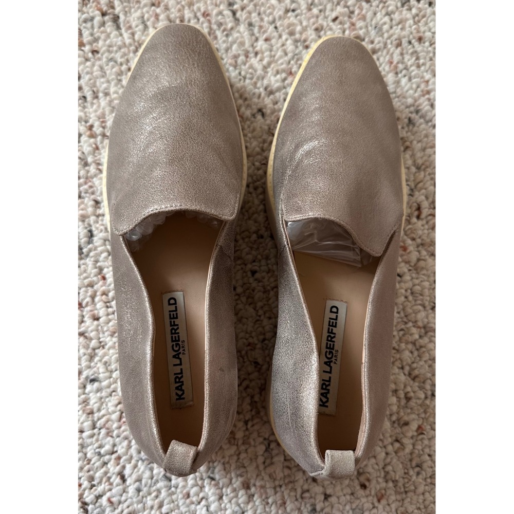 Karl Lagerfeld Paris Metallic Pewter Leather Platform SlipOn Sneaker Loafers 8.5